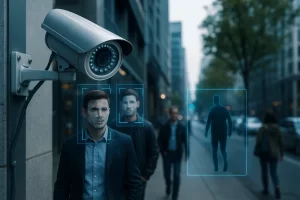 Cámara de seguridad AI vigilando una calle en Ecuador para seguridad empresarial con análisis de video inteligente.